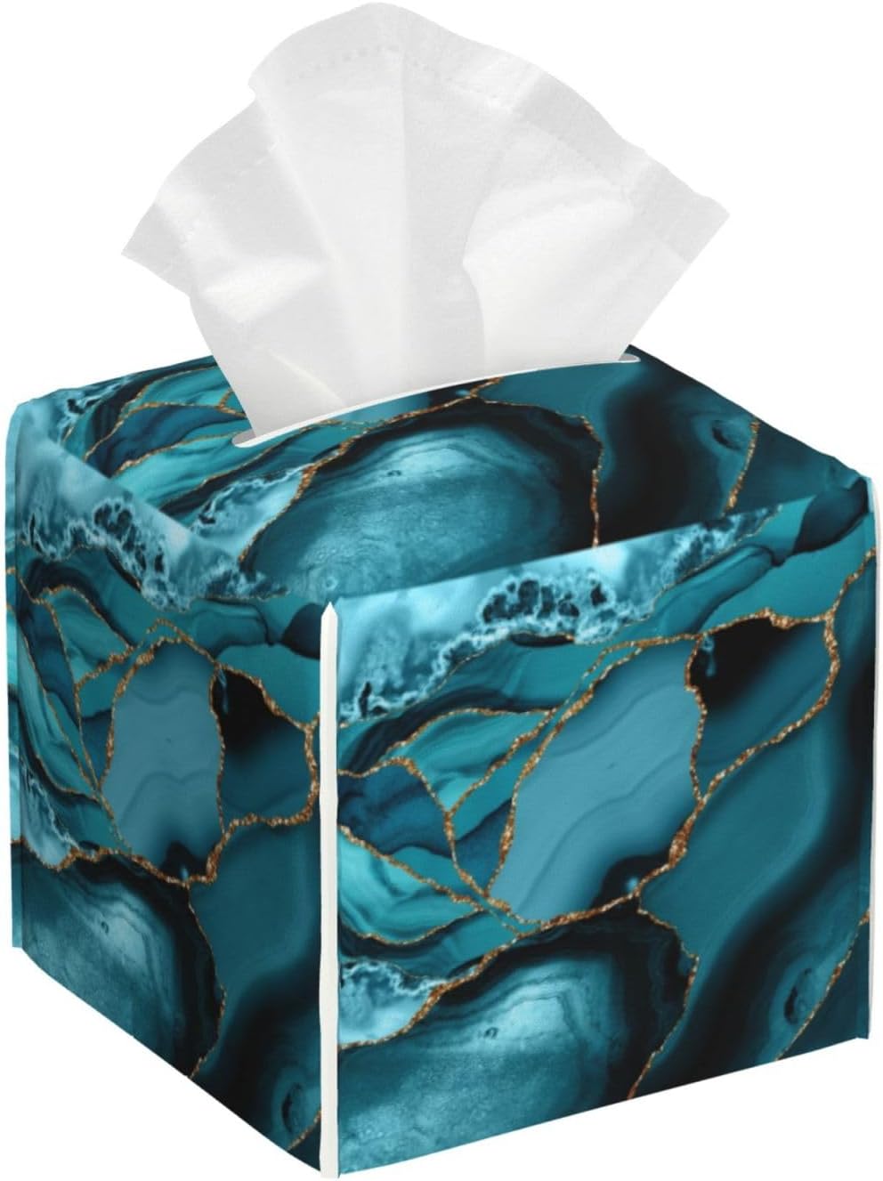 Teal and Gold Faux Marble Waves Tissue Box Cover Square Pu Leather Tissue Holder Facial Tissue Case Facial Paper Organizer Dispenser for Home Bedroom Dresser Night Stand Office Desk Car