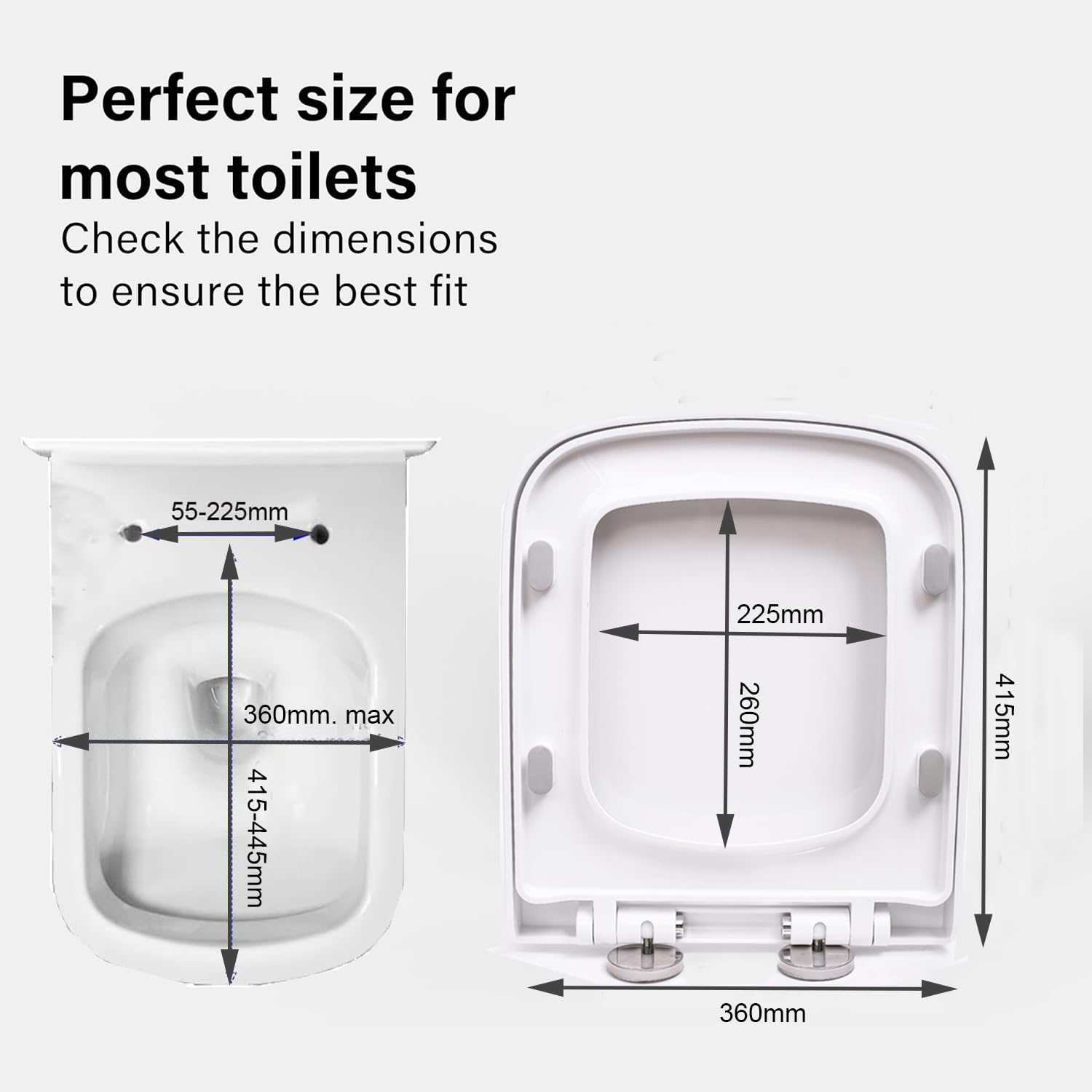 Abattant WC carré avec fermeture amortie et charnières réglables pour un nettoyage facile, fixation par le dessus simple, couvercle de couvercle de toilette antibactérien, blanc