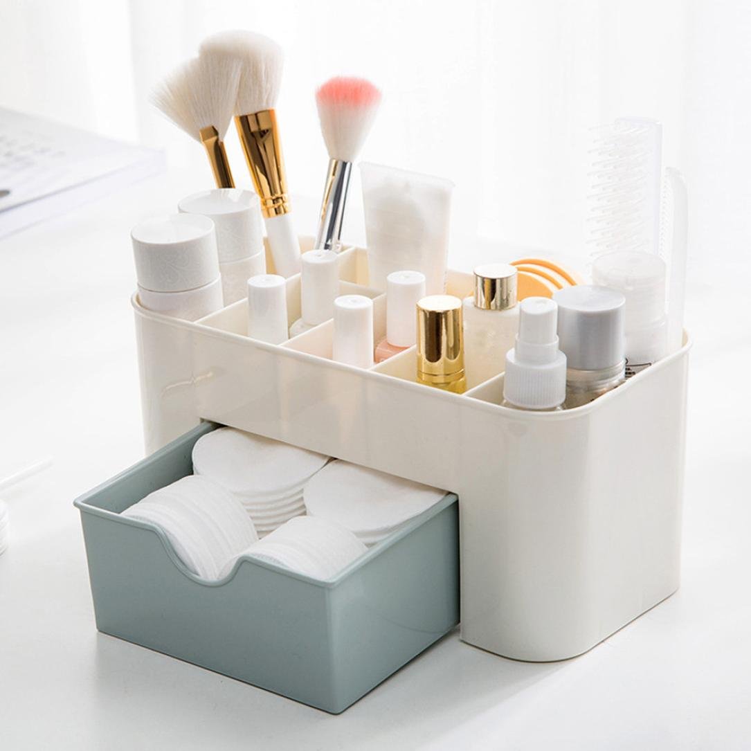 Organisateur de maquillage de table de bureau avec tiroir de rangement pour maquillage, pinceaux, stylos, bijoux, gain de place (Bleu)