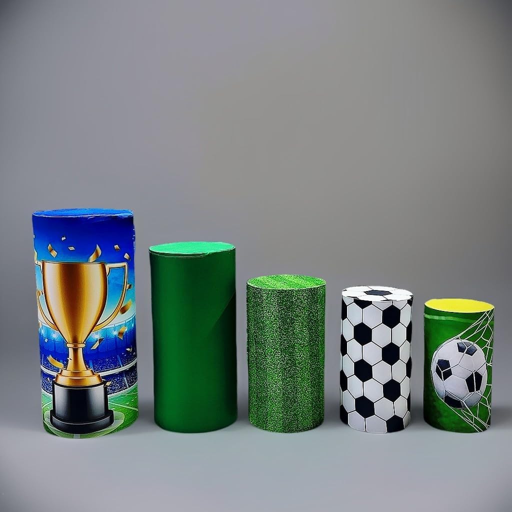 KONPON Set of 5 Soccer Sports Theme Cylinder Pedestal Covers, Flexible Cylinder Stand Covers for Dessert Table Kids Event Football Celebration Decoration
