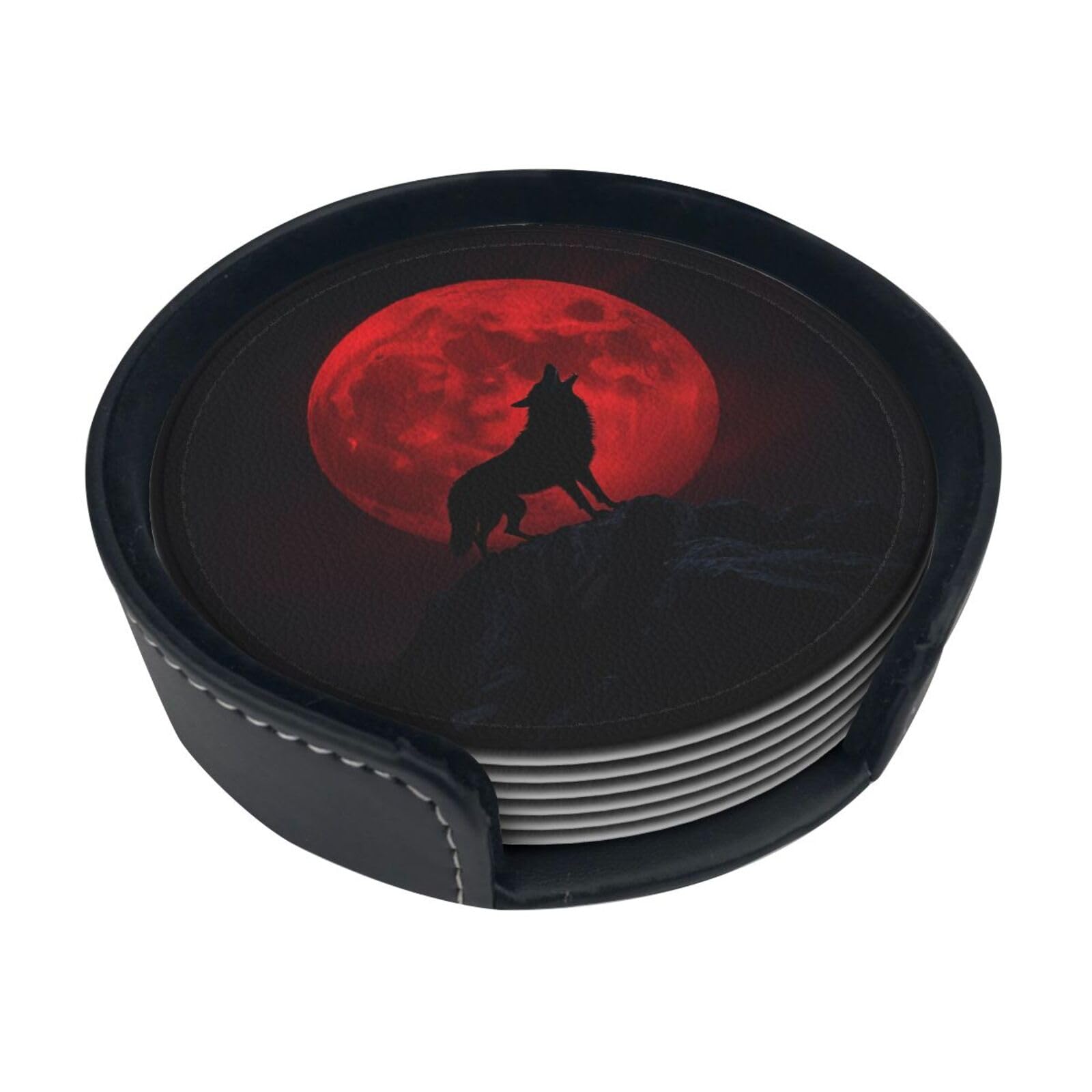 Moon Wolf Leather Coasters-Set of 6 with Storage Holder