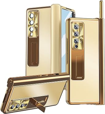 For Samsung Galaxy Z Fold 3 5G Case Aluminum Alloy Metal, Kickstand 2 Hinges, a Pen ,Glass Screen Protector, Camera Protect, Men Women Heavy Duty Case for Galaxy Fold 3 Cover gold bronze,Z Fold3...