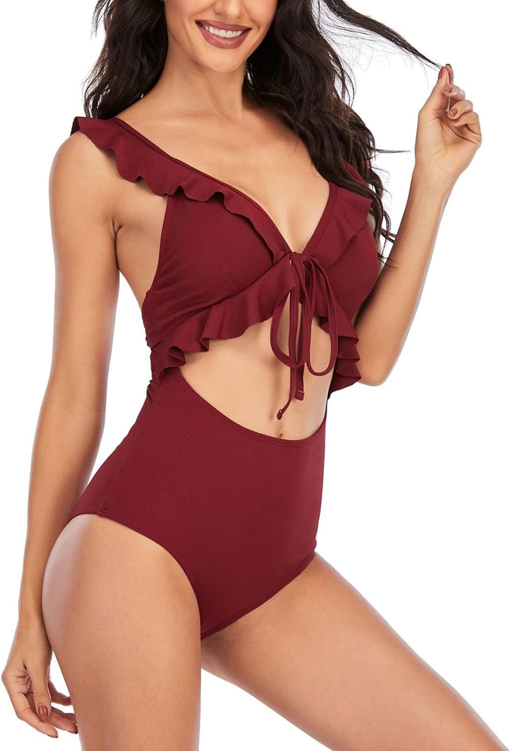 One Piece Swimsuit for Womens Tummy Control Ruffle Bathing Suit V Neck Ruched Swim Suit Slimming Cutout Swimwears