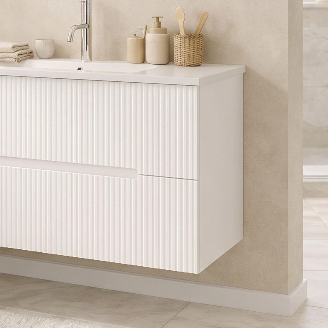 Kiamami Valentina - Mobile Bagno Sospeso 100cm Bianco, 2 Cassetti, Frontale Bianco Cannettato, Lavabo in Ceramica, Design Moderno, Già Assemblato | Magnolia