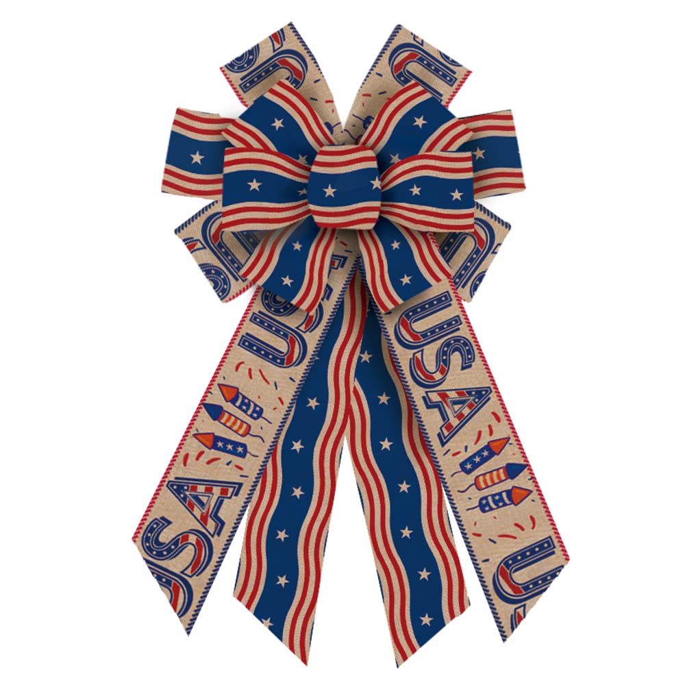ALIBBON Large Patriotic Bows for Wreath, 4th of July Wreath Bows, USA Firework Wreath Bows for Front Door, 4th of July Decor, Independence Day Burlap Bows for Wreath Indoor Outdoor Wall Decorations