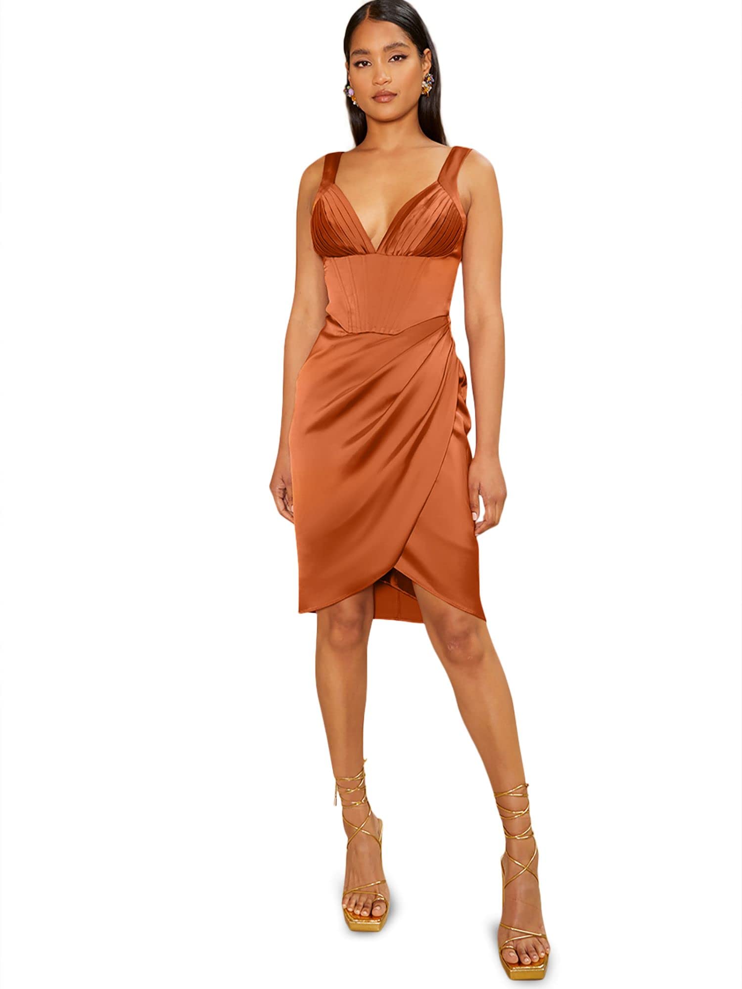 Chi Chi London Mini Abito Increspato Stile Corsetto in Ruggine Vestito per Occasioni Speciali Donna