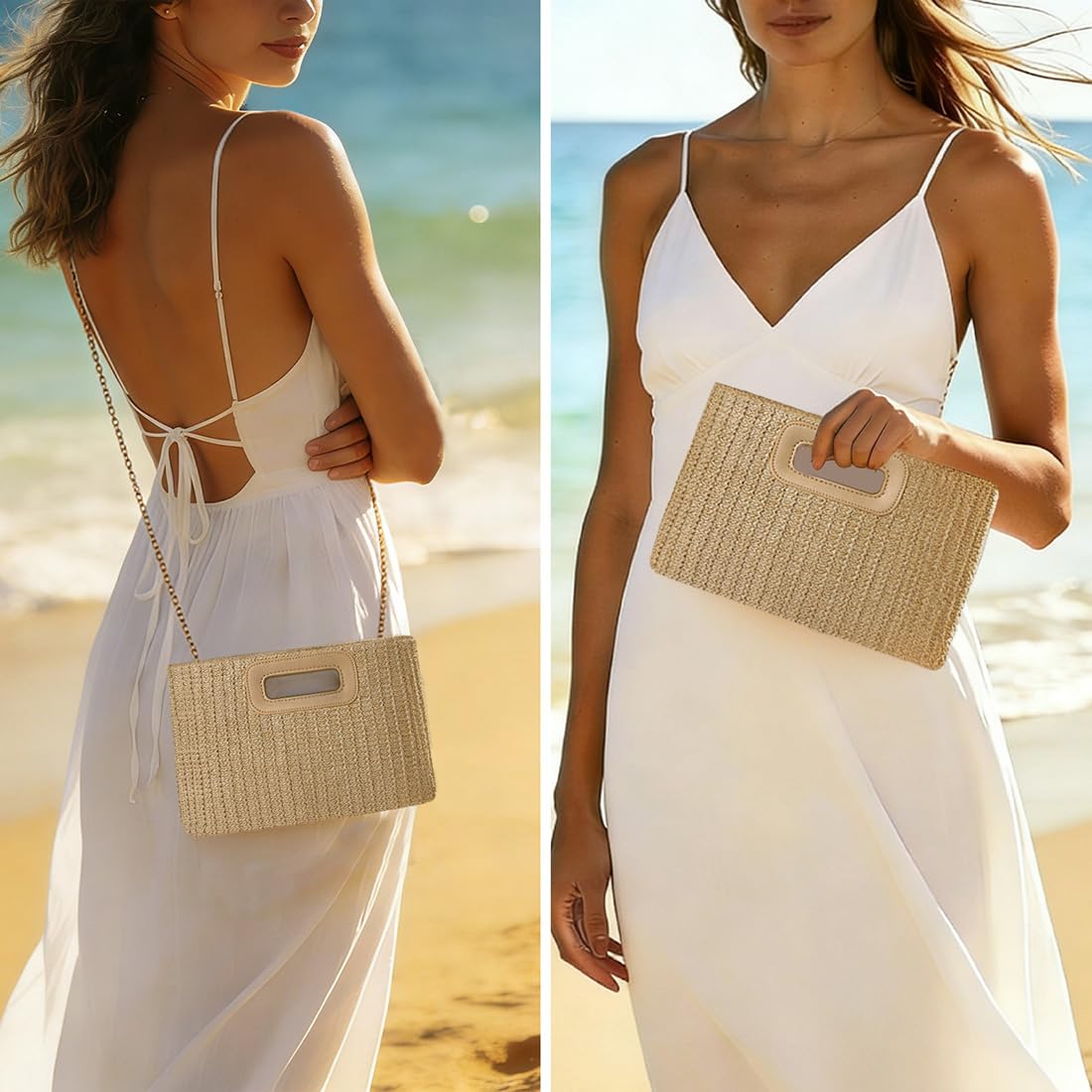 Beach Clutch Bag Straw Summer Clutch Purses for Women Handmade Woven Purse Detachable Gold Chain, Crossbody - 3