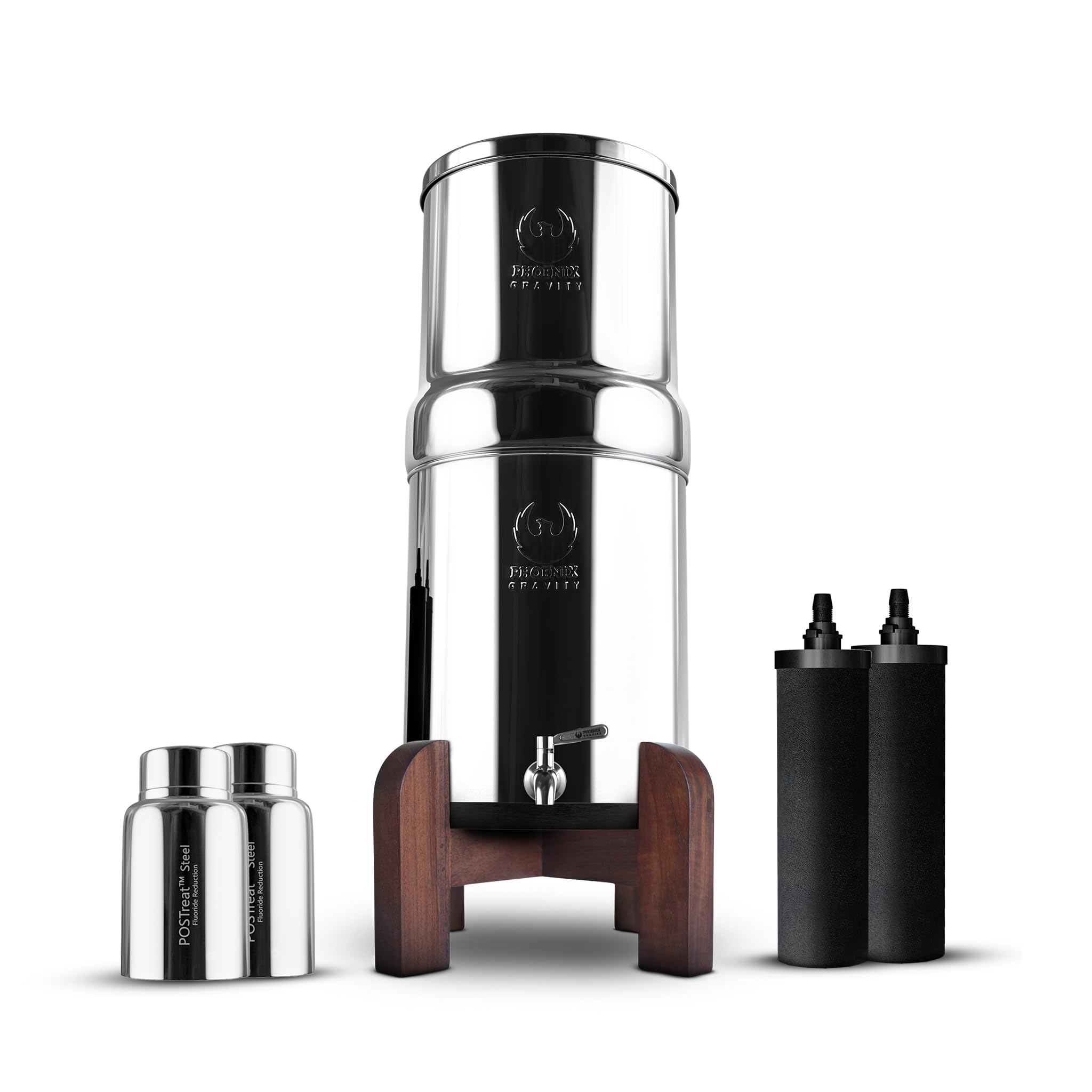 Phoenix Gravity - System filtrowania wody o pojemności 6 l, certyfikat NSF, stal nierdzewna AISI 304, z 2 kartridżami Smart Carbon i POSTreat, z drewnianym uchwytem
