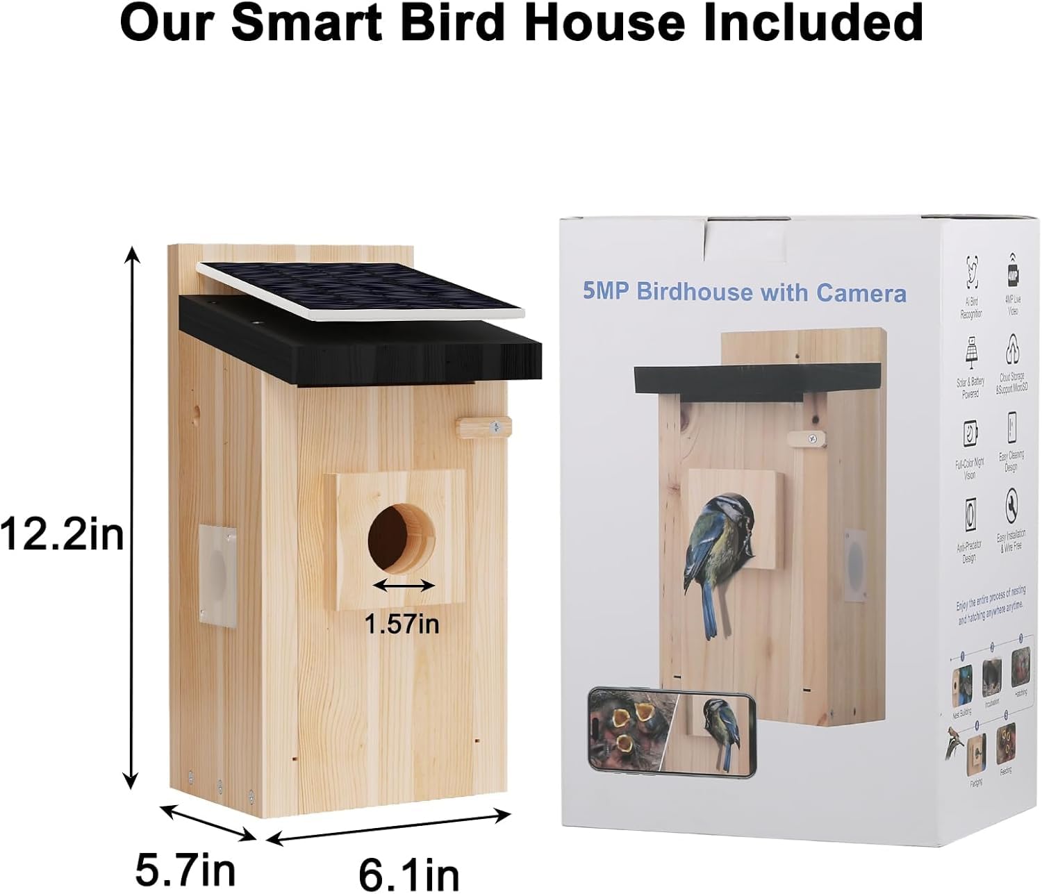 Bird House with Camera, 5MP Smart Birdhouse Camera with Solar Powered, Bird Box Camera for Families, Motion Detection & 32GB SD Card, Watch Bird Nesting & Hatching in Real Time, Ideal Gift for Friends