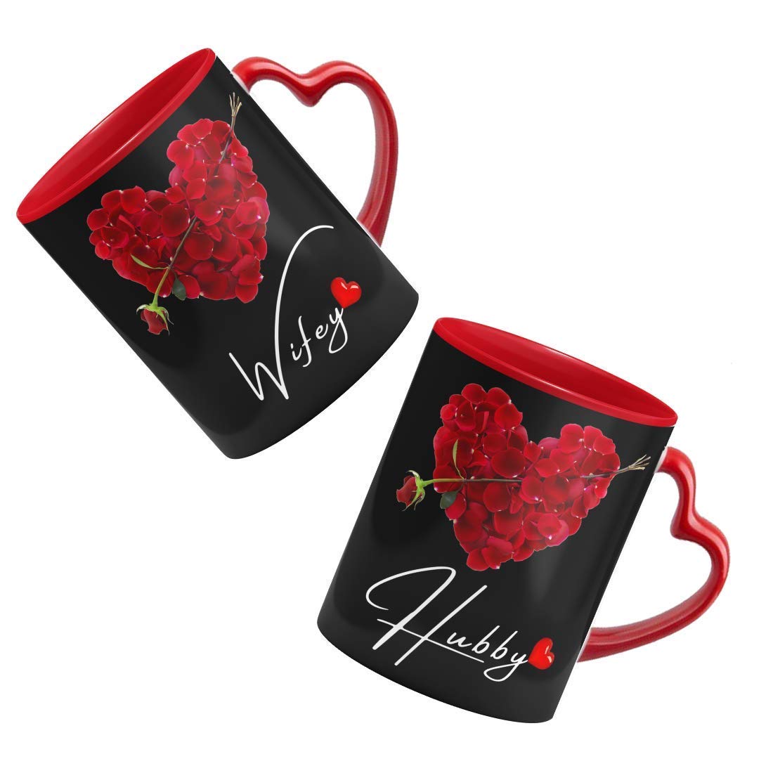 Tee Mafia Hubby Wifey red Heart Handle Mug with Print | Valentine Day Coffee Mug | Heart Handle Mug for Lovers | Printed Coffee Mug | 330 ml, Microwave & Dishwasher Safe- Pack of 2