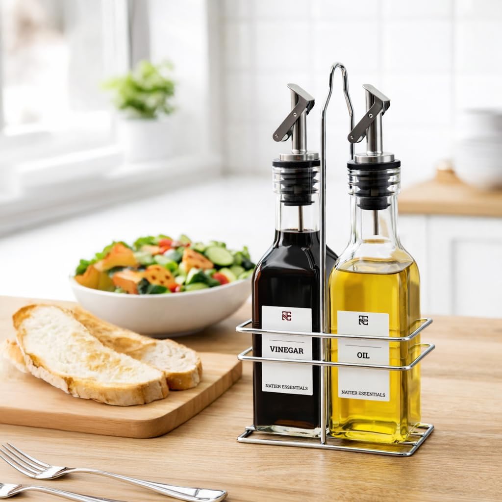 6 Oz Oil and Vinegar Bottle Cruet Set with Wire Caddy – 2 Pack Glass Dispenser Bottles (Stainless Steel Spout) image 4
