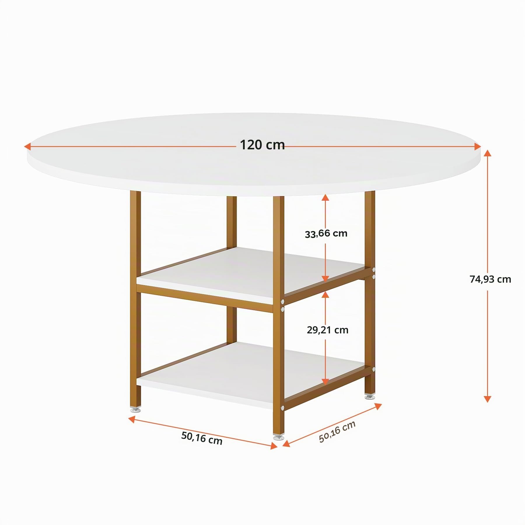 Tribesigns Tavolo da Pranzo Rotondo per 4 Persone, 120 x 75 cm (Diametro x A), Stile Industriale, Tavolo da Cucina in Legno con Ripiano per Sala da Pranzo di Casa Soggiorno, Bianco/Oro