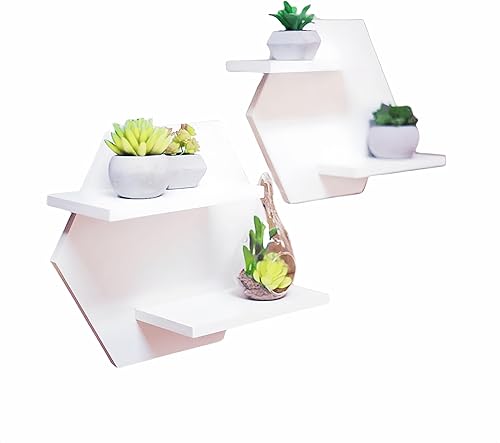 WOOD BLISS 2 estantes flotantes hexagonales, para plantas suculentas, llaves, adornos, estante de almacenamiento de tablero de madera de una sola