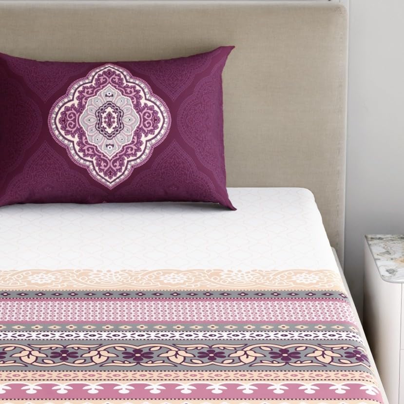 Image of Dreamscape 100% Cotton Single Bedsheet with 1 Pillow Cover - (Size 59 x 87 inches, TC, Colour - Purple)