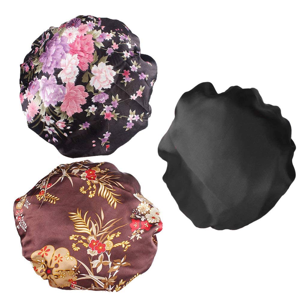 KASTWAVE 3Pcs Sleep Night Caps Band Silk Satin Bonnet Night Head Cover Soft Hair Turban Chemo Caps Bonnet with Soft Elastic Band Hair Loss Hats for Women, One Size