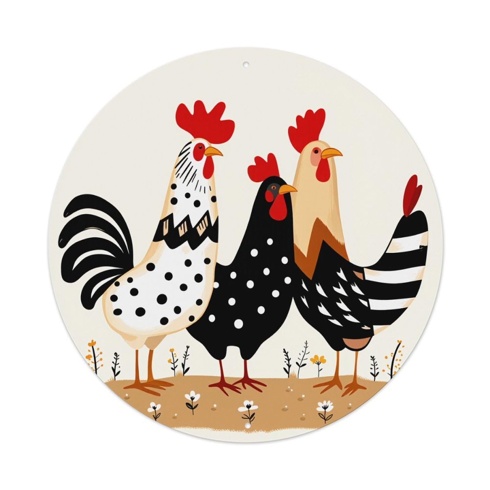 Chicken Rooster Hen Farmyard Pattern Round Tin Sign Vintage Metal Poster, Home Bar Garage Man Cave Cafe Indoor & Outdoor Wall Decoration 8x8Inches