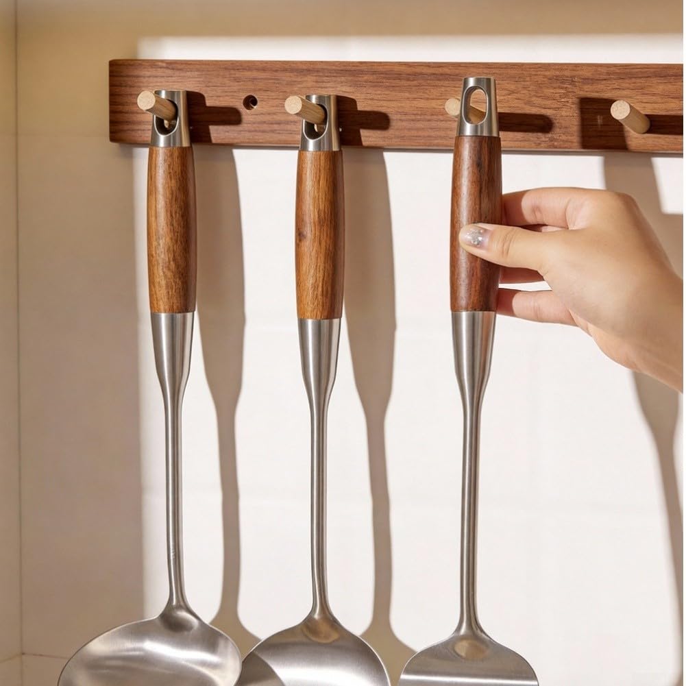 316L Edelstahl Kochbesteck Set mit Holzgriff - Hitzebeständige Pfannenwender & Löffel für Antihaftgeschirr - 5-teiliges Küchenhelfer Set Spachtel Zange