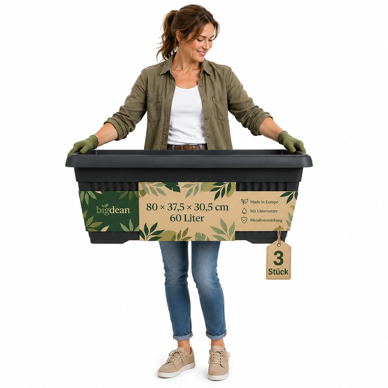 BigDean 3 Stück 60 Liter Blumenkübel Jumbo 80x37,5x30,5cm Blumenkasten | Mediterranes Design, Lieferung inkl. Untersetzer, Farbe: Anthrazit, Pflanzkübel, XXL, Blumentopf, groß