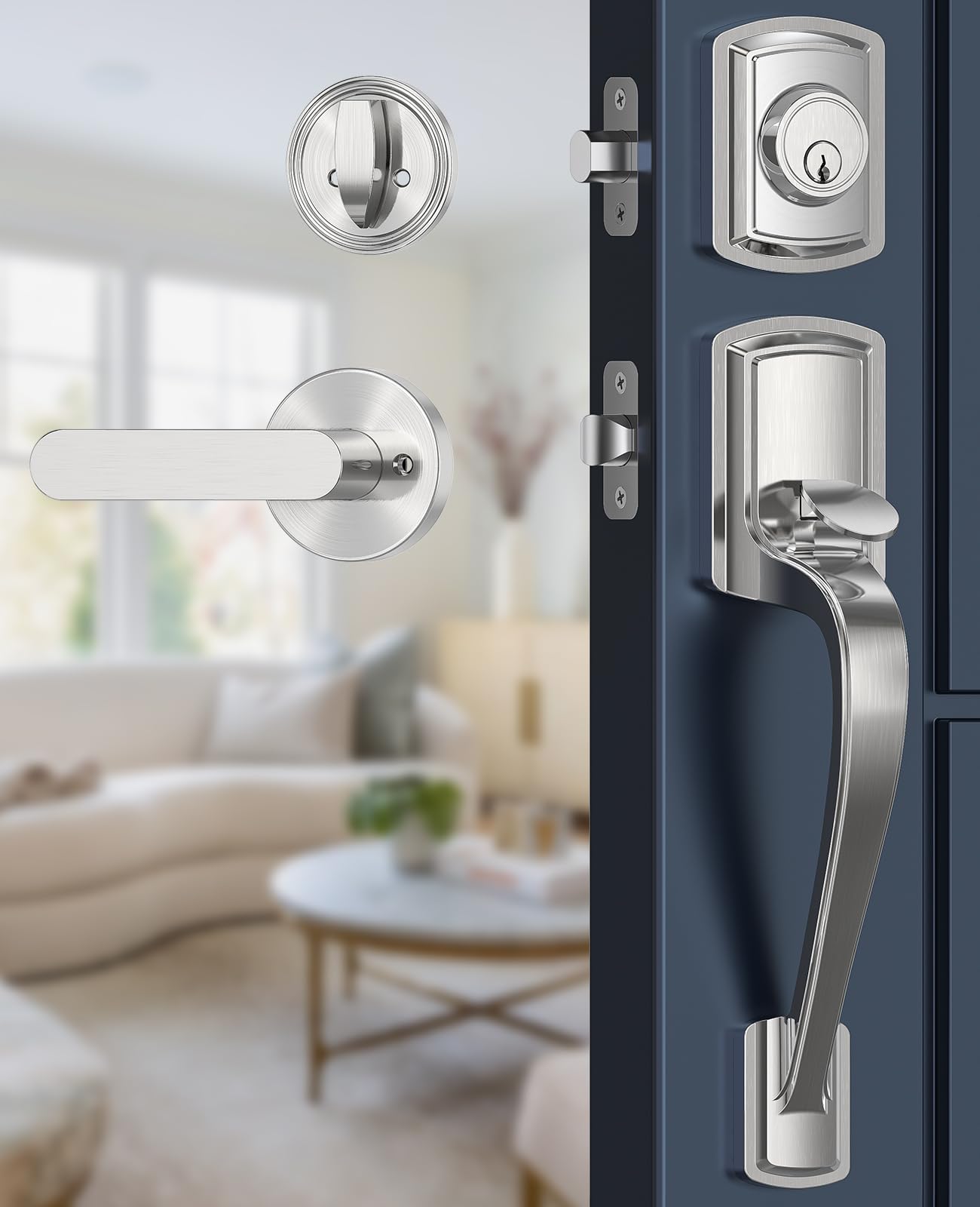 Nickel Front Door Handle and Deadbolt Set, Front Door Lock Set