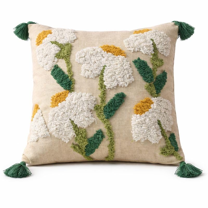 Image of Hand Tufted Cotton Cushion Cover and Tassels, Textured Throw Pillow Case for Sofa, Couch, Bed, Boho Farmhouse Home Decor, 40x40 cm, Pack of 1
