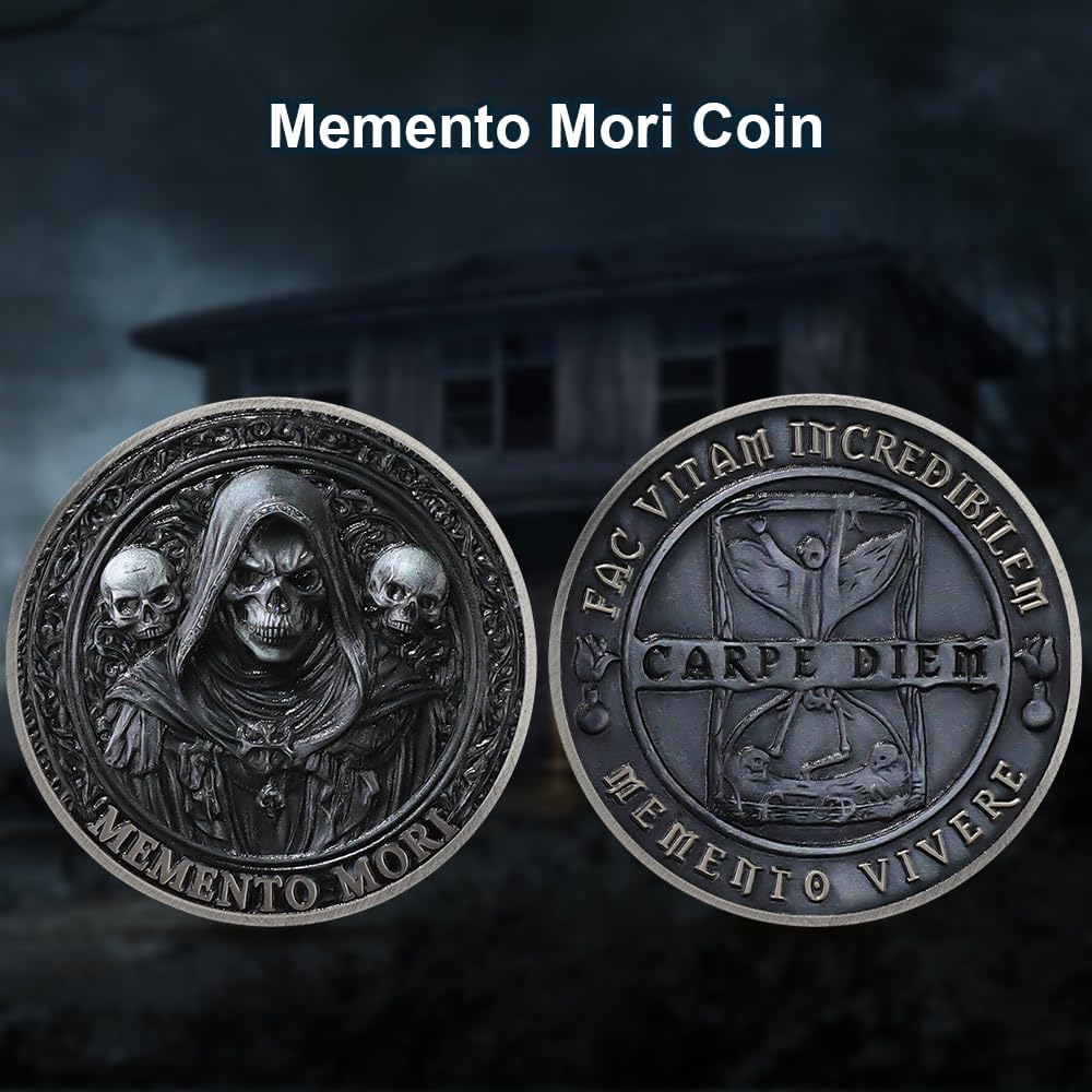 Memento Mori Coin Grim Reaper Skull Coins Stoicism Gift | Carpe Diem Coin Motivational Stoicism Gifts for Daily Stoic Practice