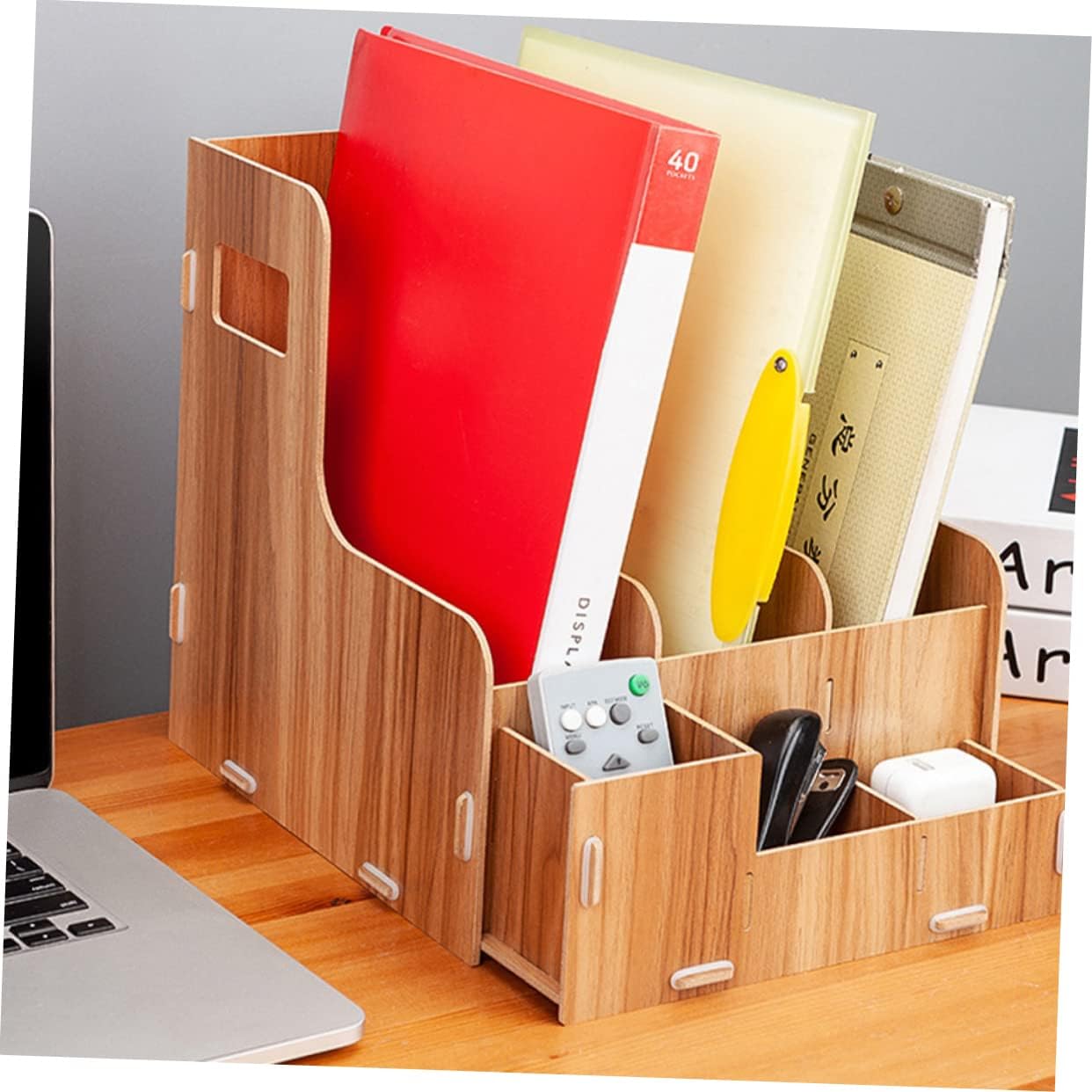 BESPORTBLE Wooden File Storage Organizer Multi Desktop Rack for Office Supplies Cherry Design Versatile Compartments for Pens Notebooks and Files Easy to Clean and Maintain