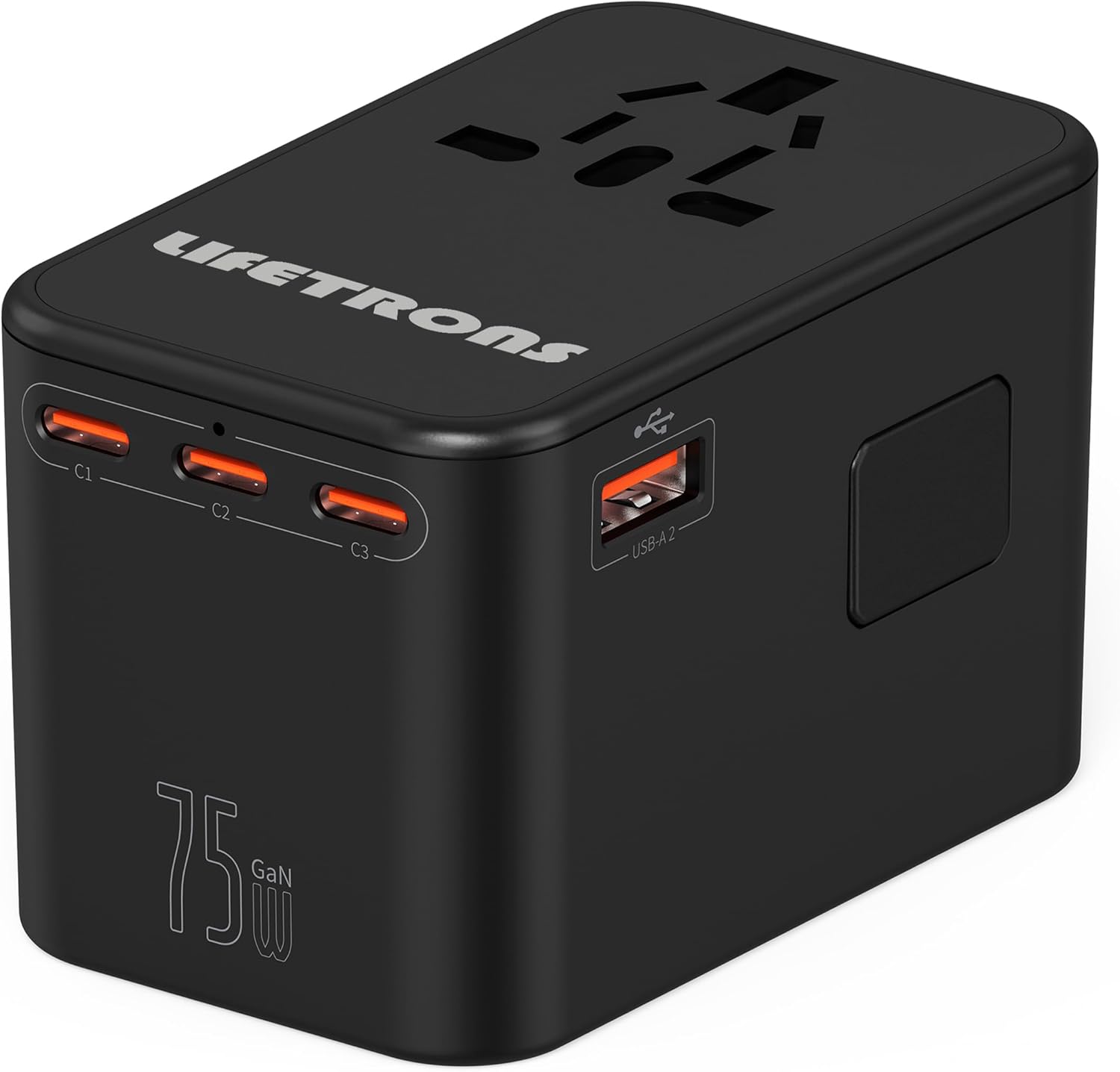 LIFETRONS 75W GaN Universal Travel Adapter 3-Type-C 2-USB Charge for US, UK, Europe, AU, Asia Over 200 Countries 100-240V Converter JY-309MAX