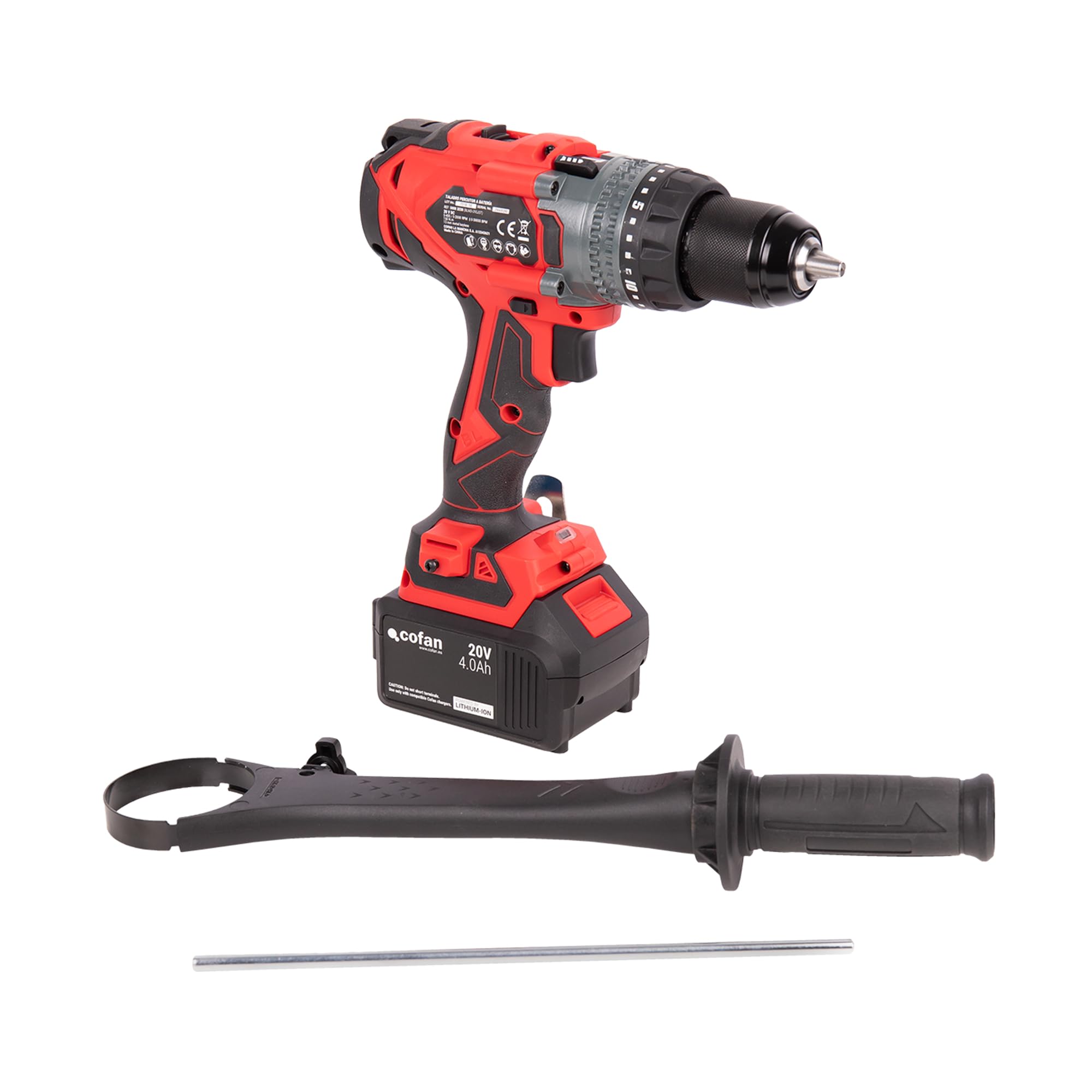 Cofan Taladro percutor a batería | Motor sin escobillas | Potencia: 20 V | Portabrocas 13 mm | 150 Nm, 2000 rpm | 2 velocidades | Percusión 30 000 BPM | Incluye accesorios | Batería y cargador NO INCL