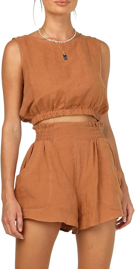 Eurivicy Women's 2 Piece Outfits Sleeveless Crop Tank Top and High Waist Pocketed Shorts Loose Summer 2pcs Short Sets