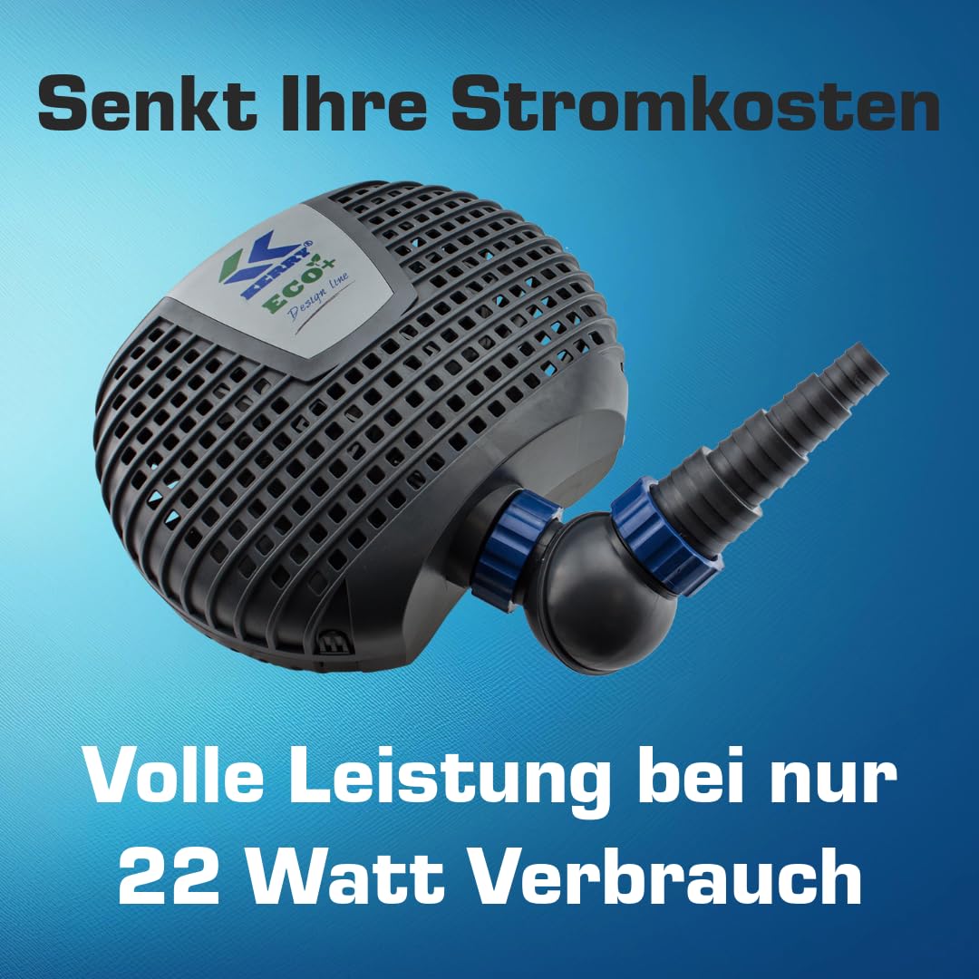 ECO Teichpumpe KEE05000-5000 L/H, nur 22 Watt energiesparend, Vorfilterkammer, 3m Förderhöhe, 10m Kabel, Wasserpumpe für Brunnen, Teich und Bach, Brunnenpumpe | Gartenteichpumpe
