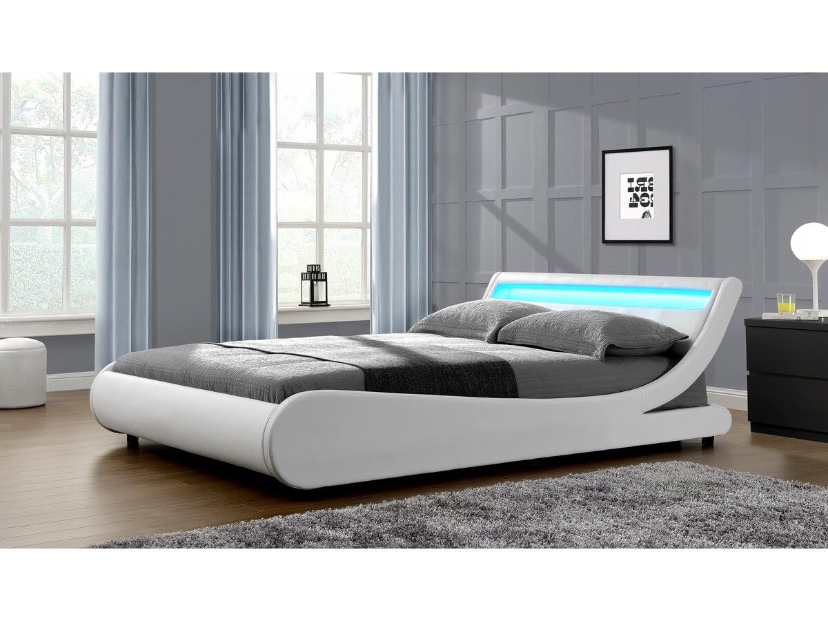 Habitat et Jardin - Lit Double Natacha en Simili Blanc avec LED Intégrées 160 x 200 cm | Cadre de Lit 2 Places Design | Sommier à Lattes Inclus