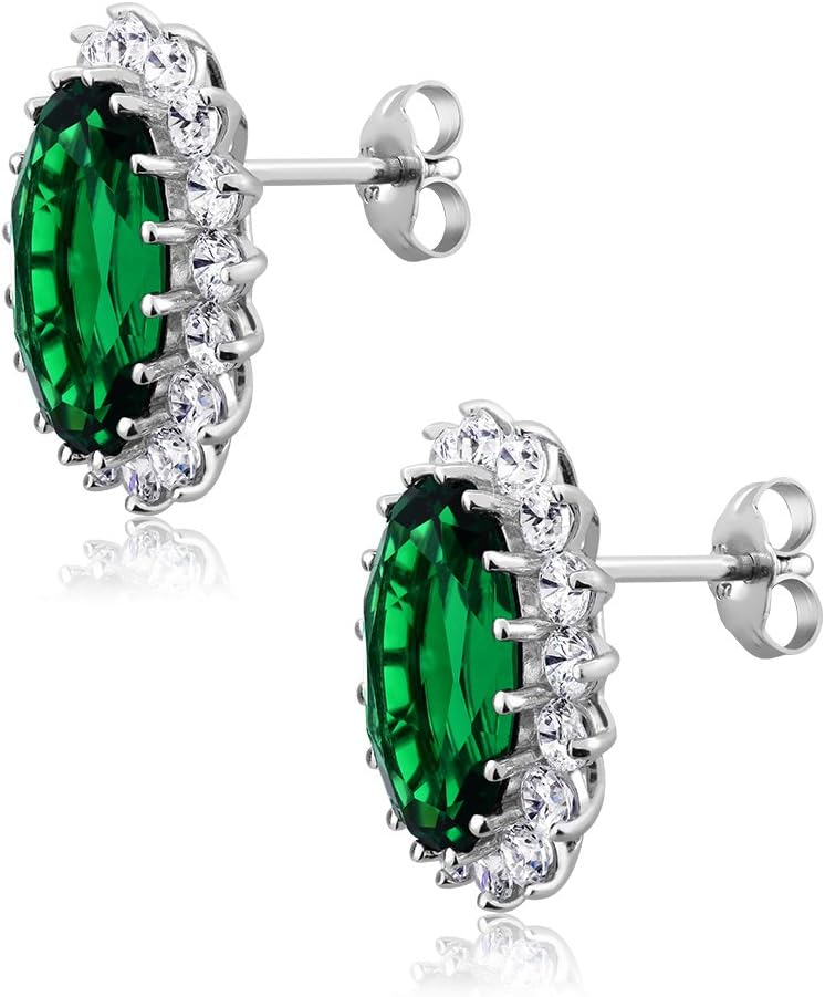 Gem Stone King 15.00 Cttw Blue Simulated Sapphire or Green Simulated Emerald or Red Created Ruby Halo Earrings For Women In 925 Sterling Silver | Oval 14X10MM