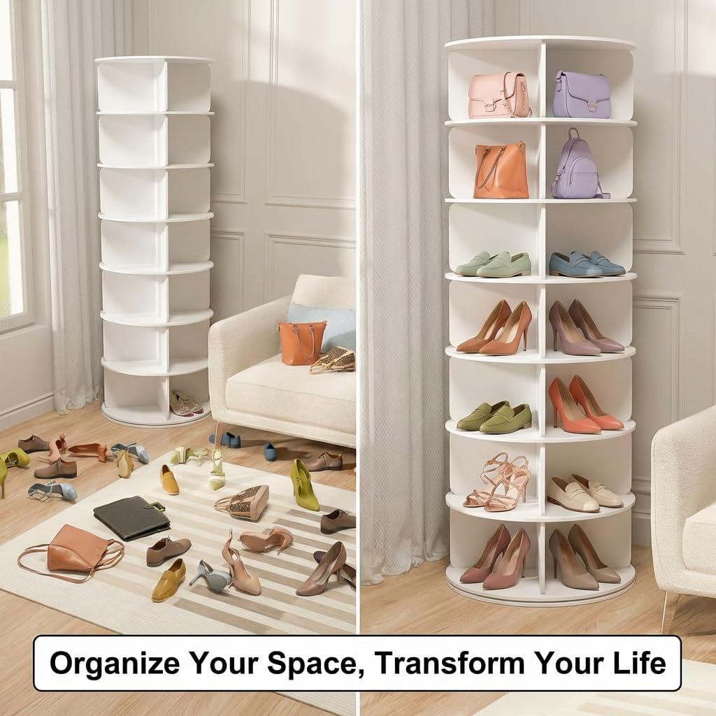 7 Tier Rotating Shoe Rack Tower, 360° Spinning Shoe Rack Lazy Susan, Purse Shelf Display Carousel, Sleek Space-Saving Shoe Storage Stand, White