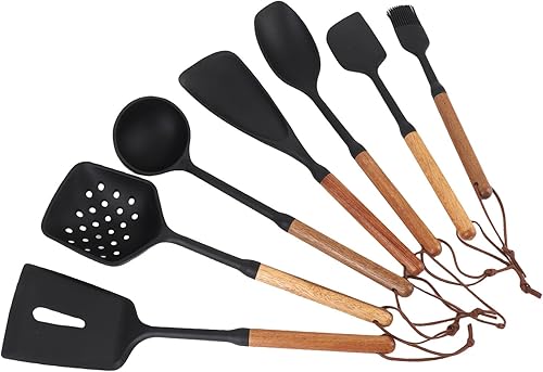 Miniatura 8 de Juego de utensilios de cocina de 7 piezas, material de silicona con tolerancia al calor, construcción de mango de madera, adecuado para superficies