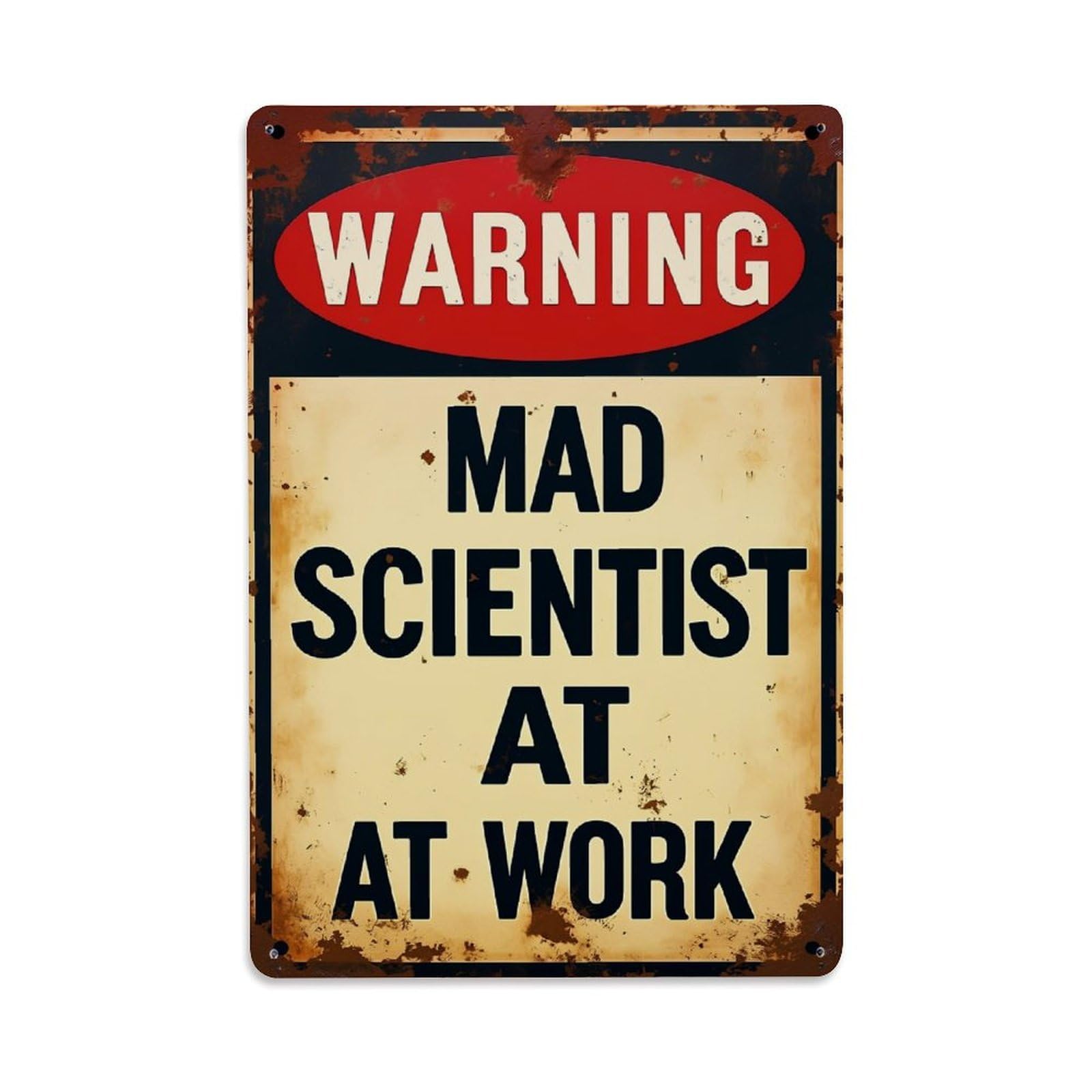Warning Mad Scientist At Work Retro Metal Tin Sign, Vintage Metal Poster for home, Gaming Room, Studio Workshop,Bar,Garage Wall Art Decor 8x12 Inch