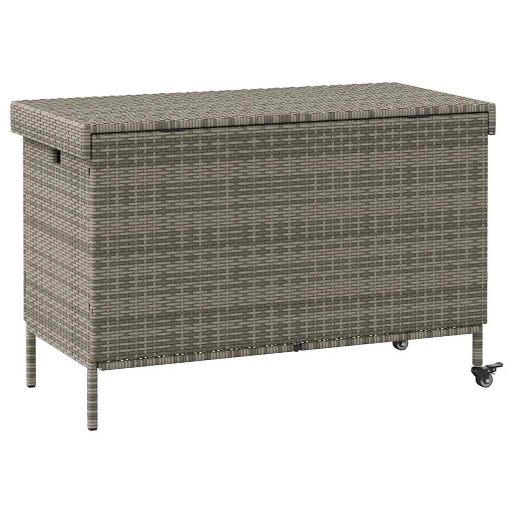 Gartentruhe aus Poly Rattan Grau 110x55x73 cm mit Rollen, wasserabweisender Tasche für Kissen, Auflagen und Outdoor-Zubehör auf Terrasse und Garten
