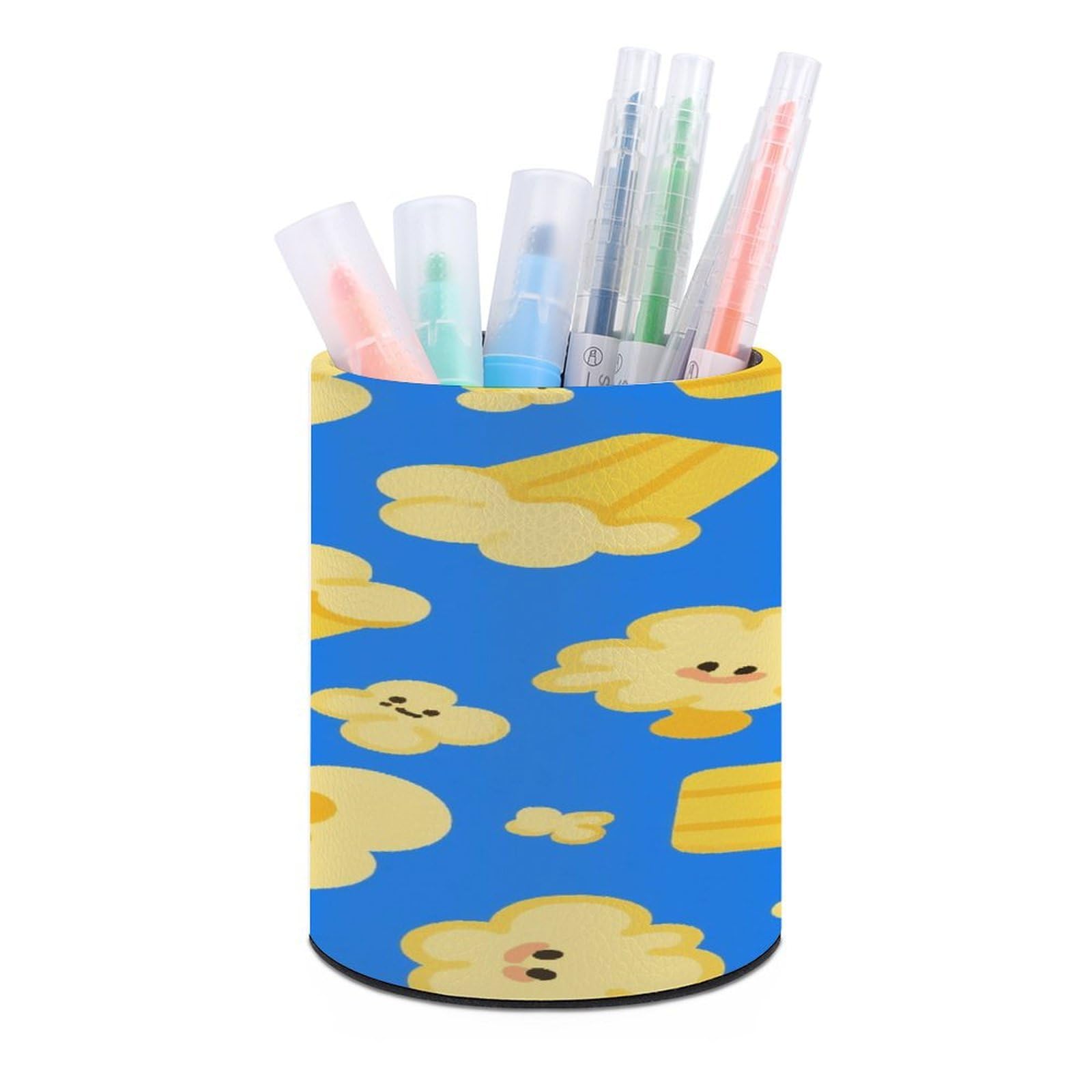 VstaDank Popcorn Pattern Pen Holder Round Pencil Holder Cup Pen Container PU Leather Desk Organizer Stand Decor Brush Scissor Holders Decoration Office Desk Home (3.1 X 3.9 Inches)