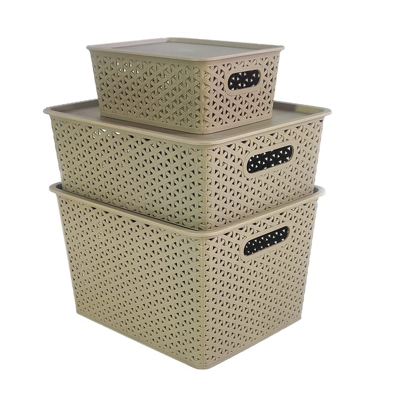 Image of Homestrap Set Of 3 Plastic Storage Organizers /Baskets With Lid For Kitchen, Clothes, Multipurpose Vegetables, Toys, Books, Office, Stationery, Wardrobe(Small, Medium, Large | Biscuit)