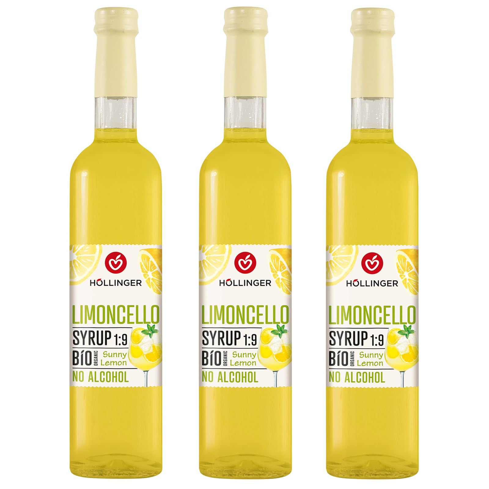 Höllinger Bio Cocktailsirup Limoncello - Vegan, 3x500ml Glas Flasche - alkoholfreier Cocktail