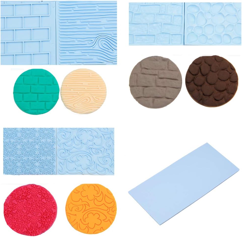 6 Pcs Fondant Impression Texture Mat Mold Set, Light Blue Fondant Embossed Tree Bark/Brick Wall/Flower/Cobblestone/Stone Wall Texture Rolling Pin Design Mold for Chocolate Cupcake Cake