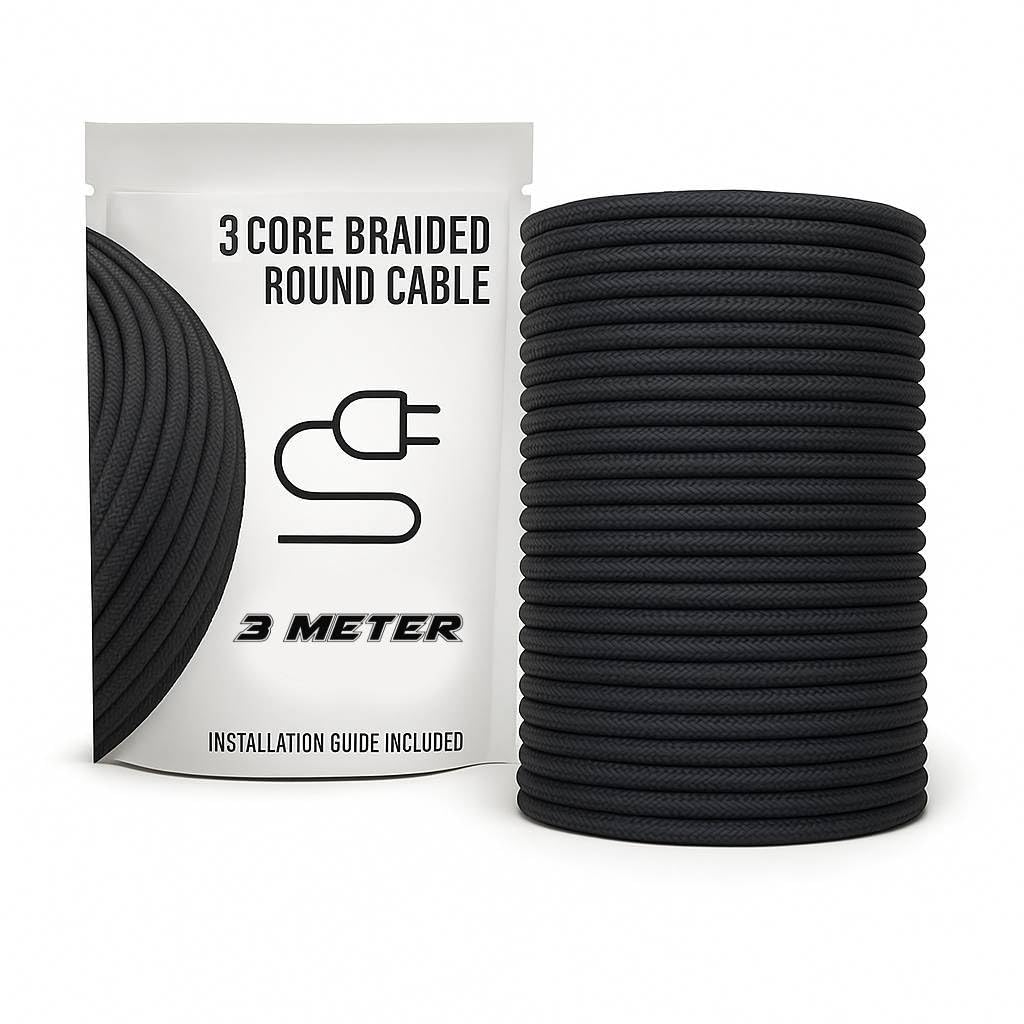 3 Meter 7mm Black Fabric Electrical Wire Cables Braided 3 Core Cable for Electricians Indoor Use 0.75mm Electric Cable Vintage Style Lamp Cord