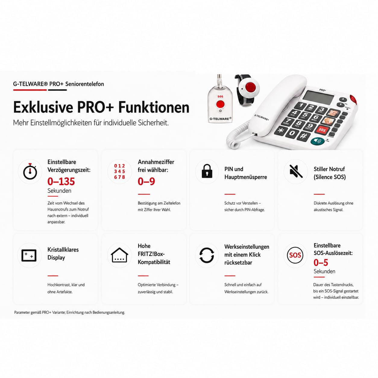 PRO+ (G-TELWARE®) 2023 – 2024, telefono di emergenza per anziani con trasmettitore radio SOS, telefono fisso – 1 trasmettitore con passante, grigio satinato, PRO+