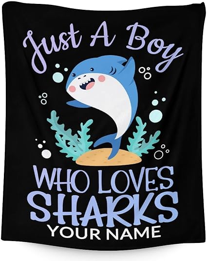 Personalized Shark Blanket Gifts with Name - 60"x80" Cute Throw Blanket for Boys - Black Soft Fuzzy Blankets for Bed, Couch & Living Room