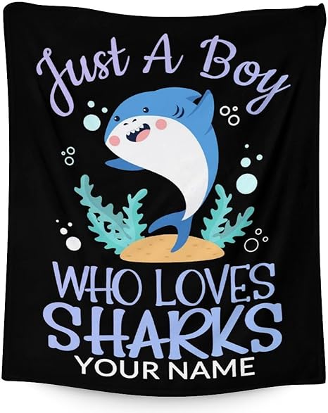 Personalized Shark Blanket Gifts with Name - 60"x80" Cute Throw Blanket for Boys - Black Soft Fuzzy Blankets for Bed, Couch & Living Room