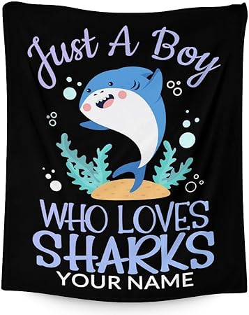 Personalized Shark Blanket Gifts with Name - 60"x80" Cute Throw Blanket for Boys - Black Soft Fuzzy Blankets for Bed, Couch & Living Room