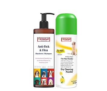 Tick & Flea Blueberry Shampoo 200ML | Tick Flea Lemon Powder 140GM for Pets |Pet Coat Cleanser |Dog Accessories | Soothing Skin Relief | Flea & Tick | Shampoo | Powder | Suitable for All Breeds