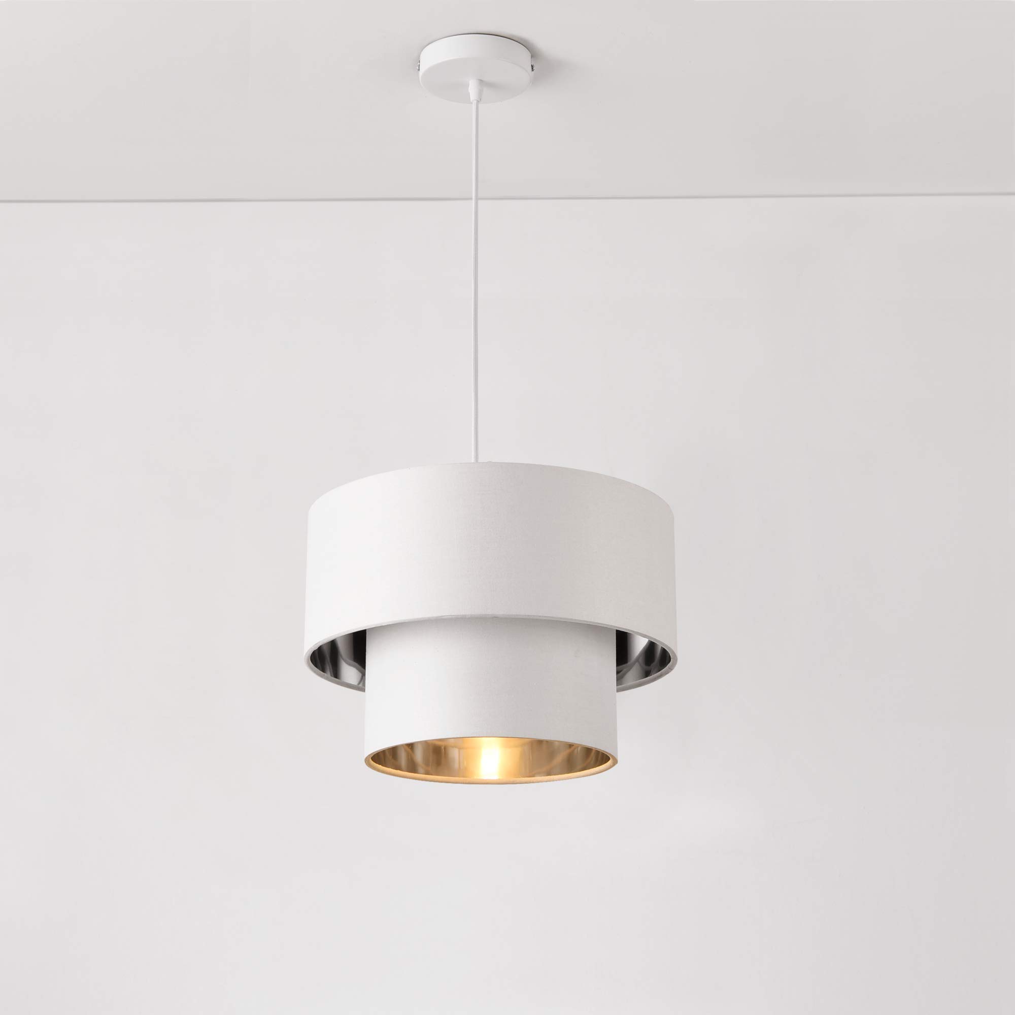 Lux.pro Lampada A Sospensione Doppio Paralume Cilindrico 40 Cm – Lampadario In Tessuto Grigio/Oro, Altezza Regolabile Per Soggiorno E Ingresso - 4