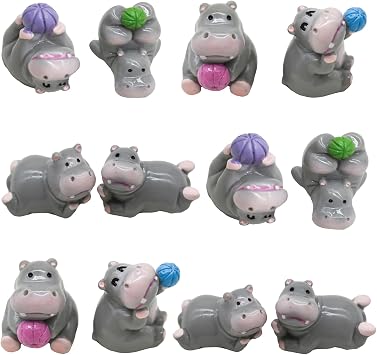 12Pcs Mini Hippo Play Balls Figurines Miniature Hippopotamus Figures Resin Zoo Animal Cake Topper for DIY Fairy Garden Moss Landscape Aquarium Birthday Easter Crafts