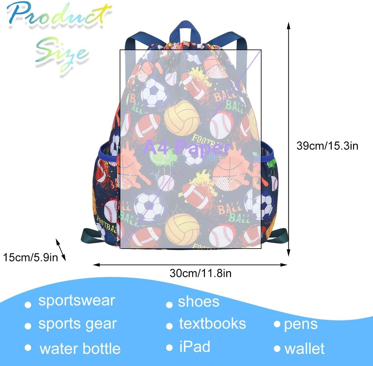RHCPFOVR Drawstring Backpack for Kids - Football Bags for Girls Mini Gym Dance Beach Swim Travel Bag With Two Water Bottle Holder