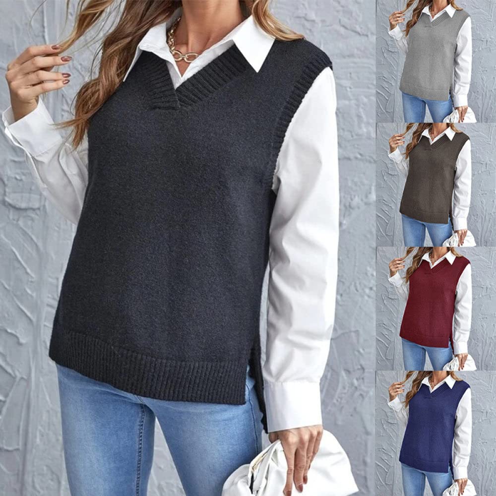 OZEO Maglioni Gilet,Gilet da Donna Semplice Verde Classico A Costine Spacco Laterale Lavorato A Maglia Fine Gilet Scollo A V Senza Maniche Tinta Unita Maglioni Gilet Canotte per Ragazze da Donna,S